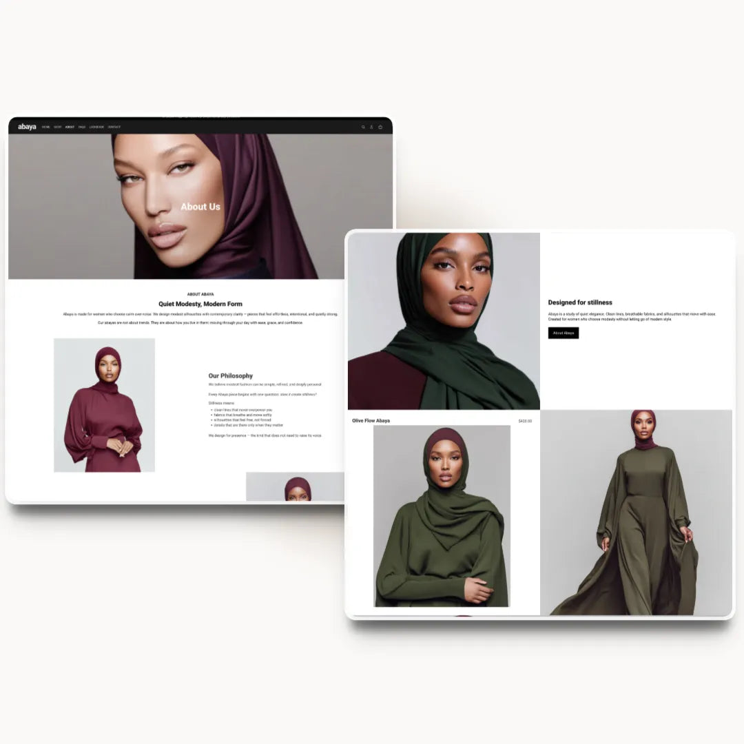Abaya tablet about page design for a modest fashion brand
