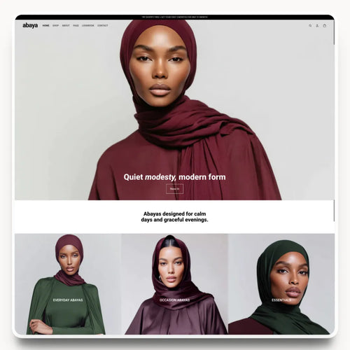 Abaya desktop homepage hero design for a modest fashion brand