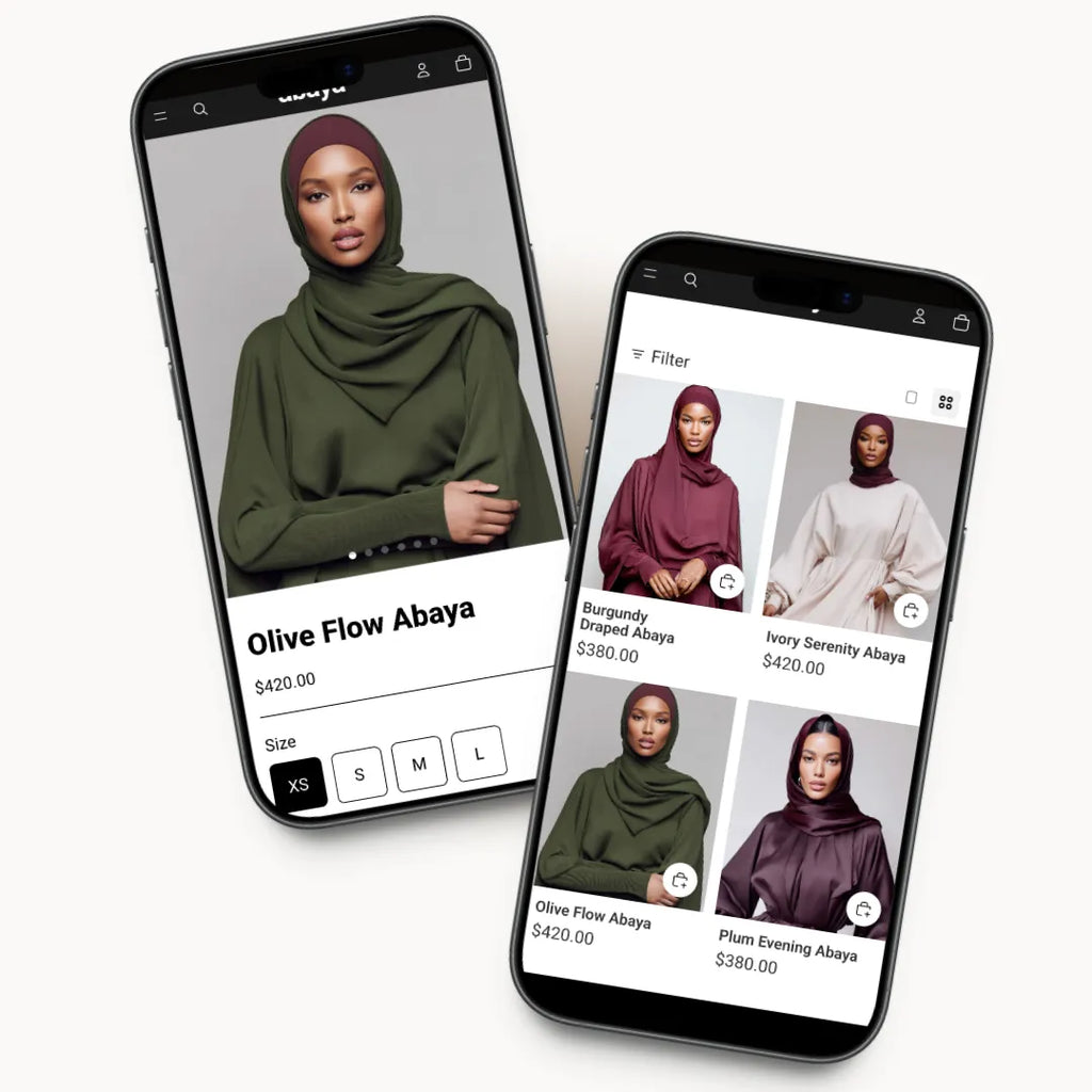 Abaya mobile product listing preview for modest fashion brands