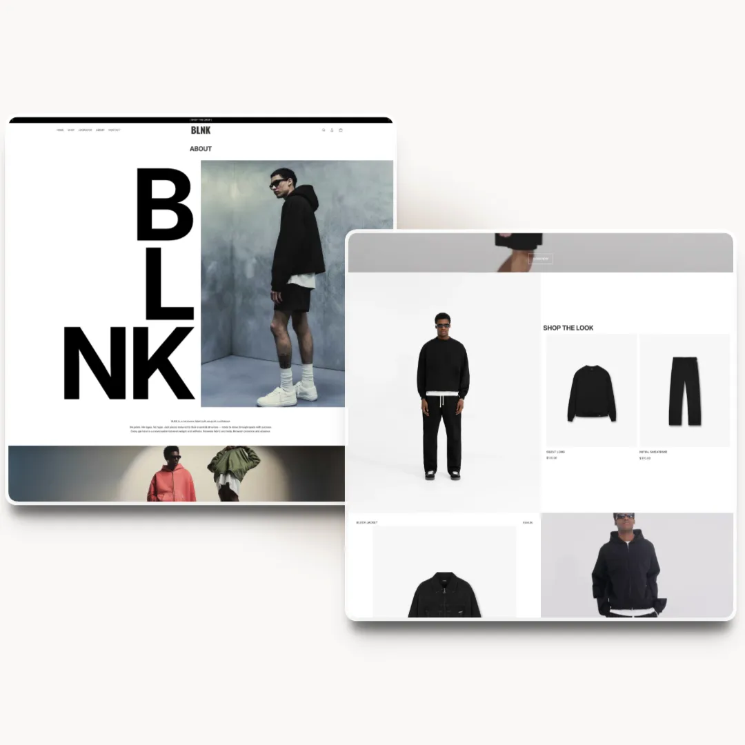 BLNK tablet about page design for a streetwear brand