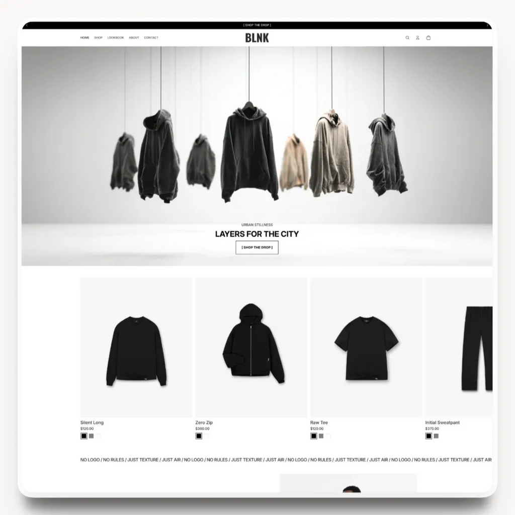 BLNK desktop homepage hero design for a streetwear brand