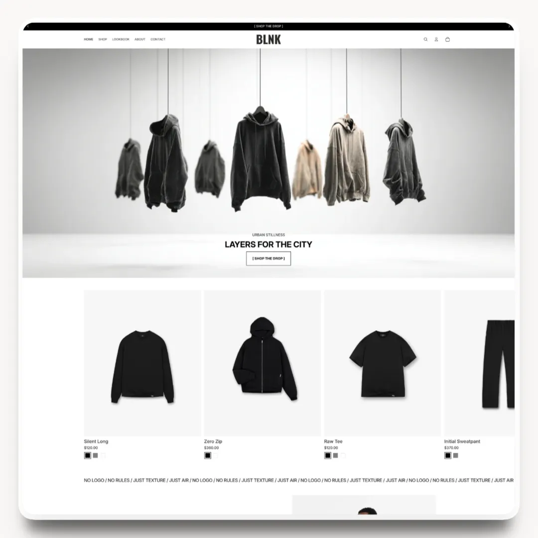 BLNK desktop homepage hero design for a streetwear brand