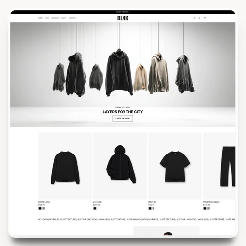 BLNK desktop homepage hero design for a streetwear brand