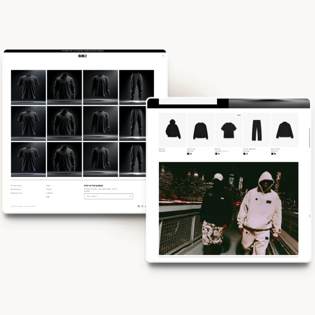 BLNK2 tablet about page design for a streetwear brand