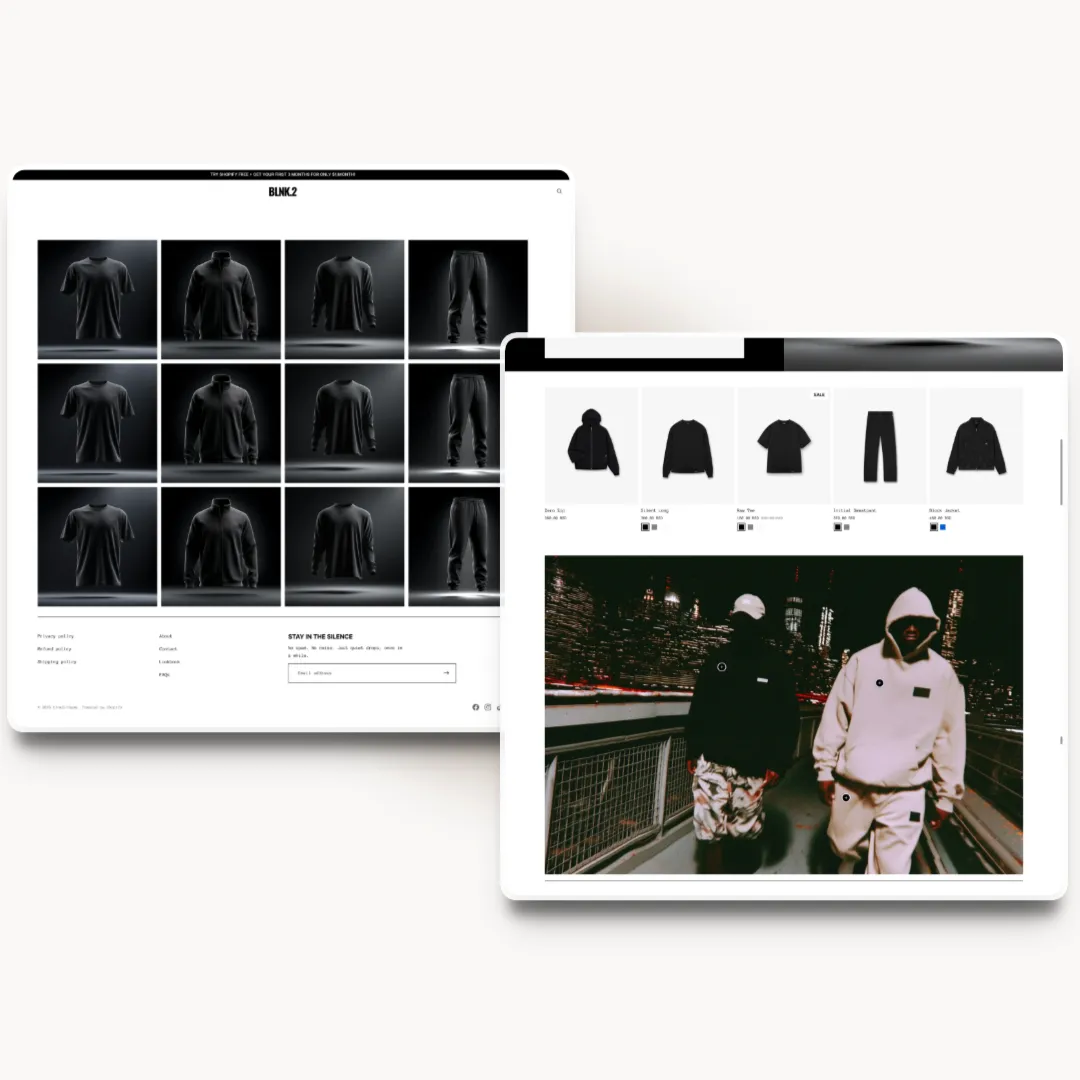 BLNK2 tablet about page design for a streetwear brand