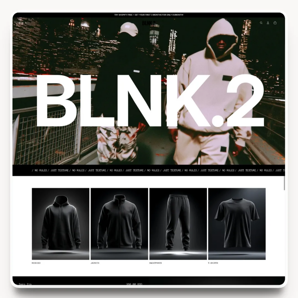 BLNK2 desktop homepage hero design for a streetwear brand