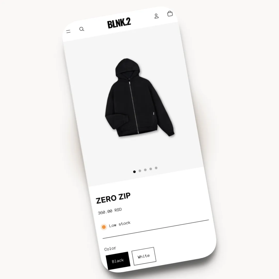 BLNK2 mobile product page design for a streetwear brand