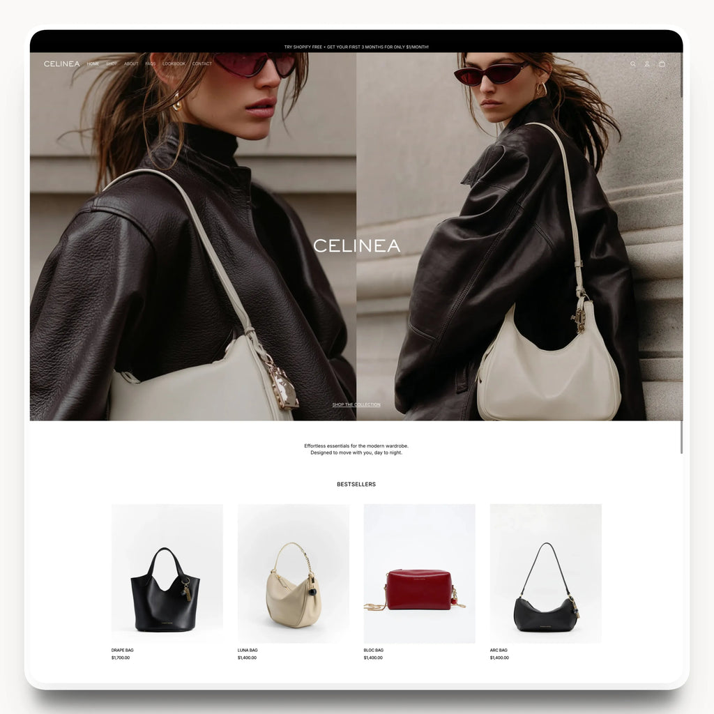 Celinea desktop homepage hero design for a minimalist fashion brand