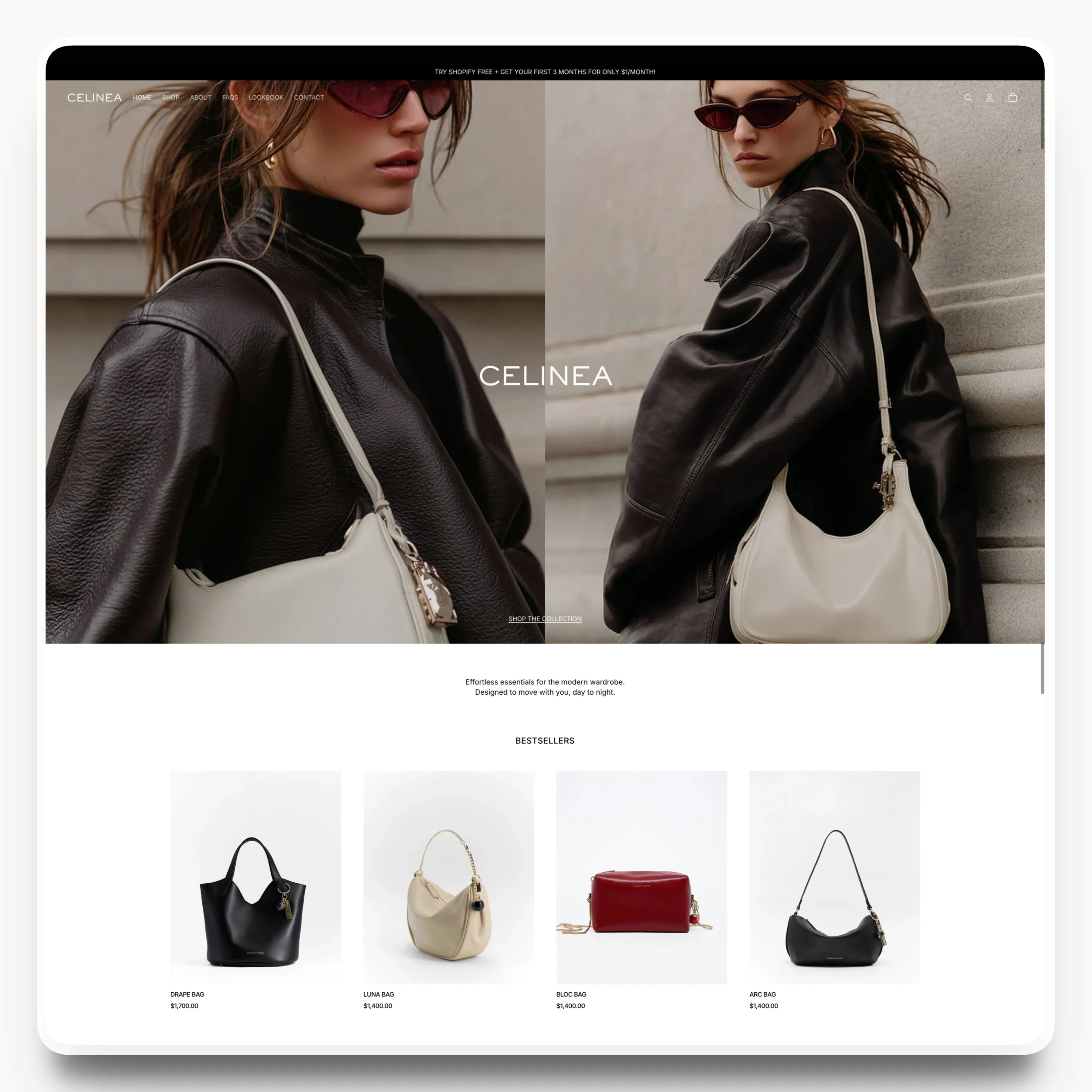 Celinea desktop homepage hero design for a minimalist fashion brand