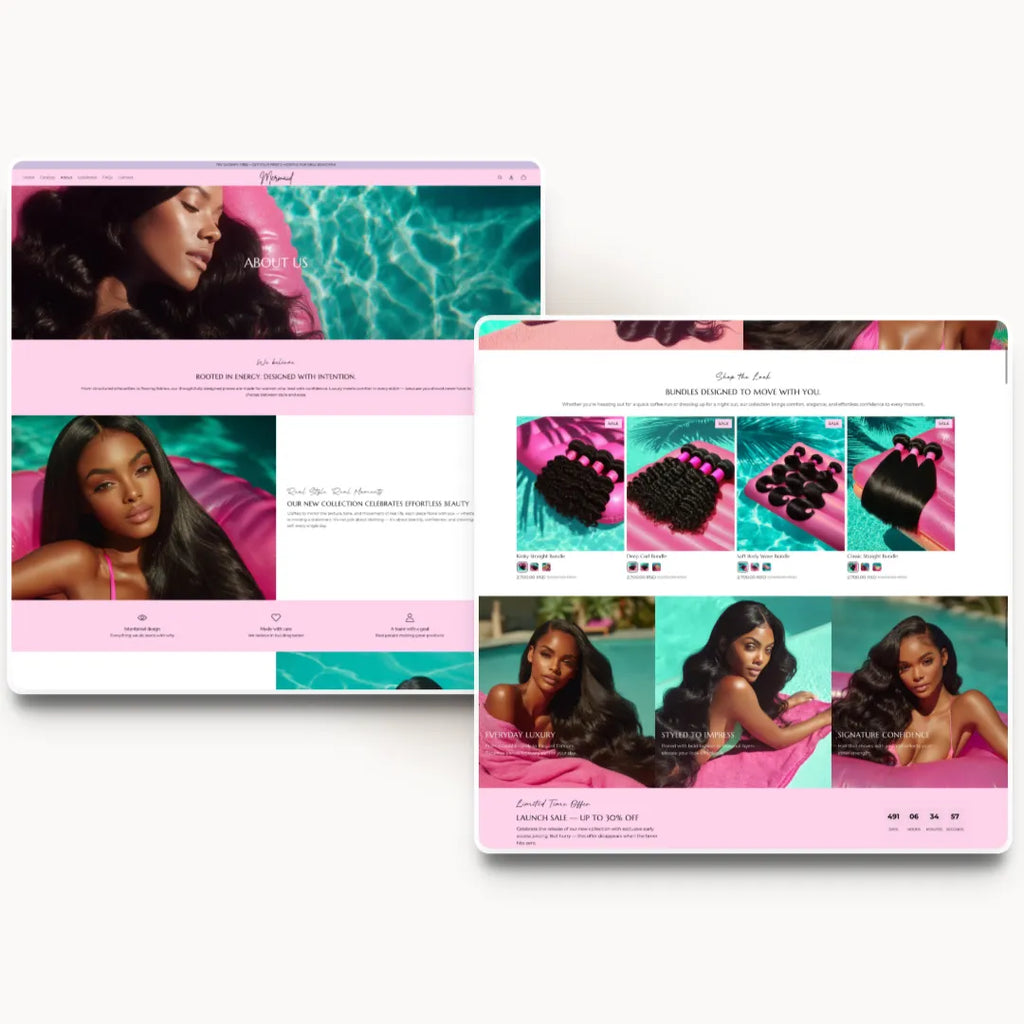 Mermaid tablet about page design for a hair brand