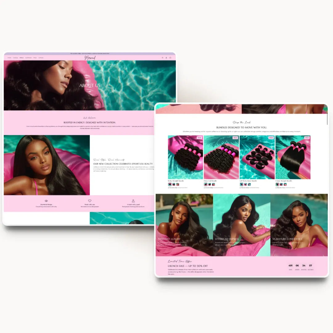 Mermaid tablet about page design for a hair brand