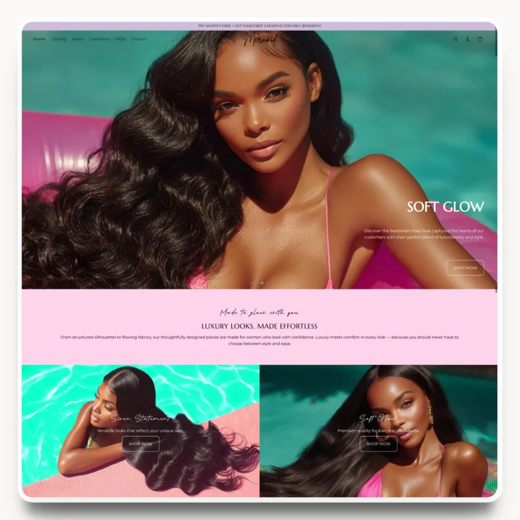 Mermaid desktop homepage hero design for a glam hair brand