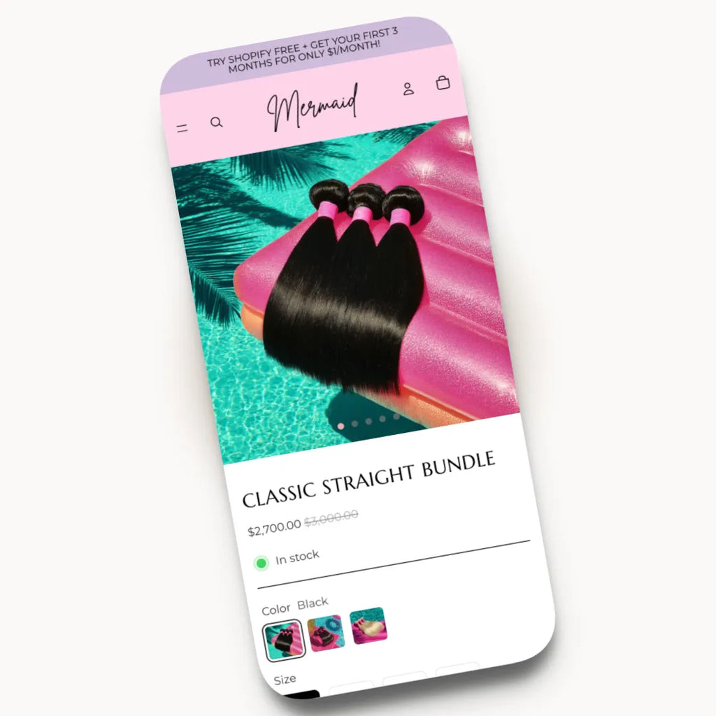 Mermaid mobile product page design for a glam hair brand