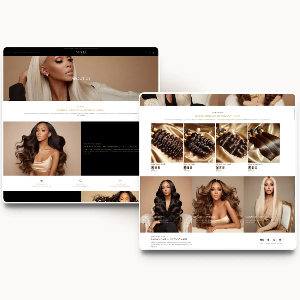 Mood By Her tablet about page design for a luxury hair brand