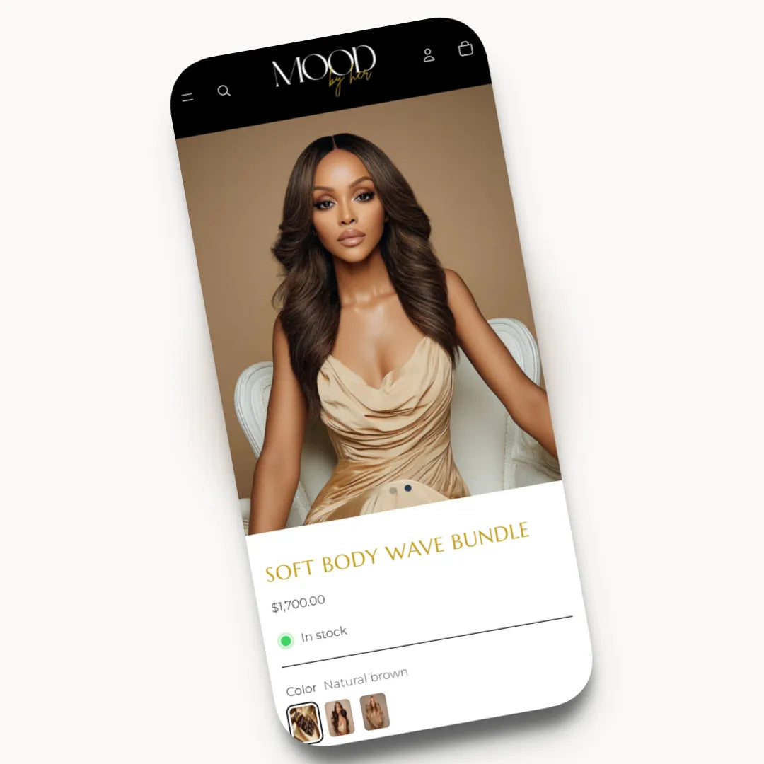 Mood By Her mobile product page design for a luxury hair brand