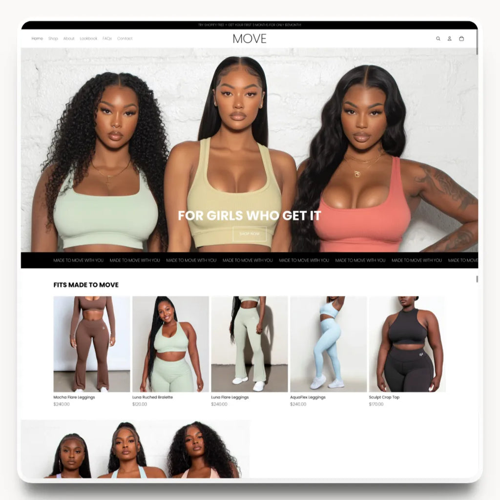 Move desktop homepage hero design for an activewear brand