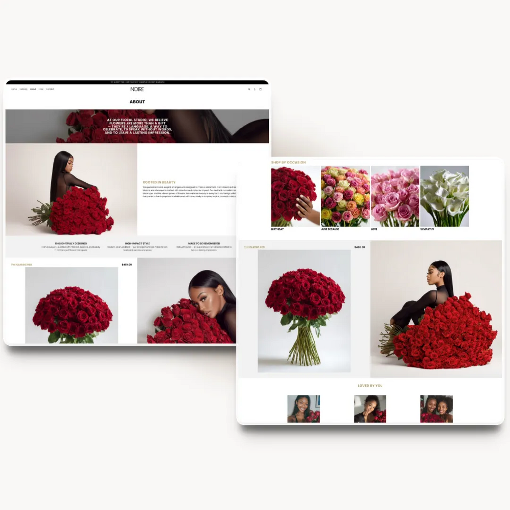 Noire tablet about page design for a floral studio