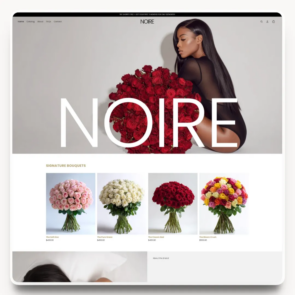 Noire desktop homepage hero design for a floral studio