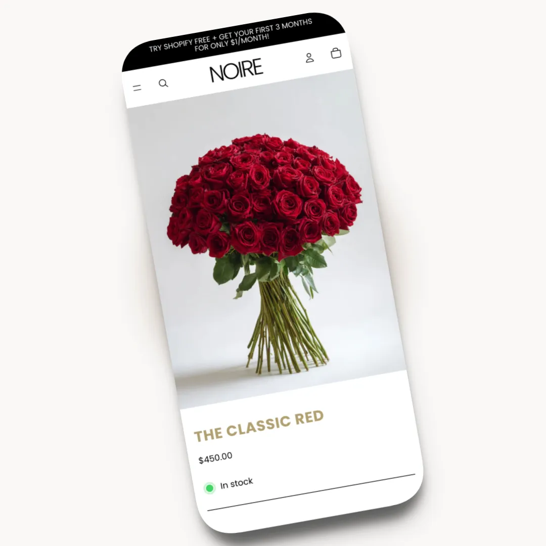 Noire mobile product page design for a florist brand