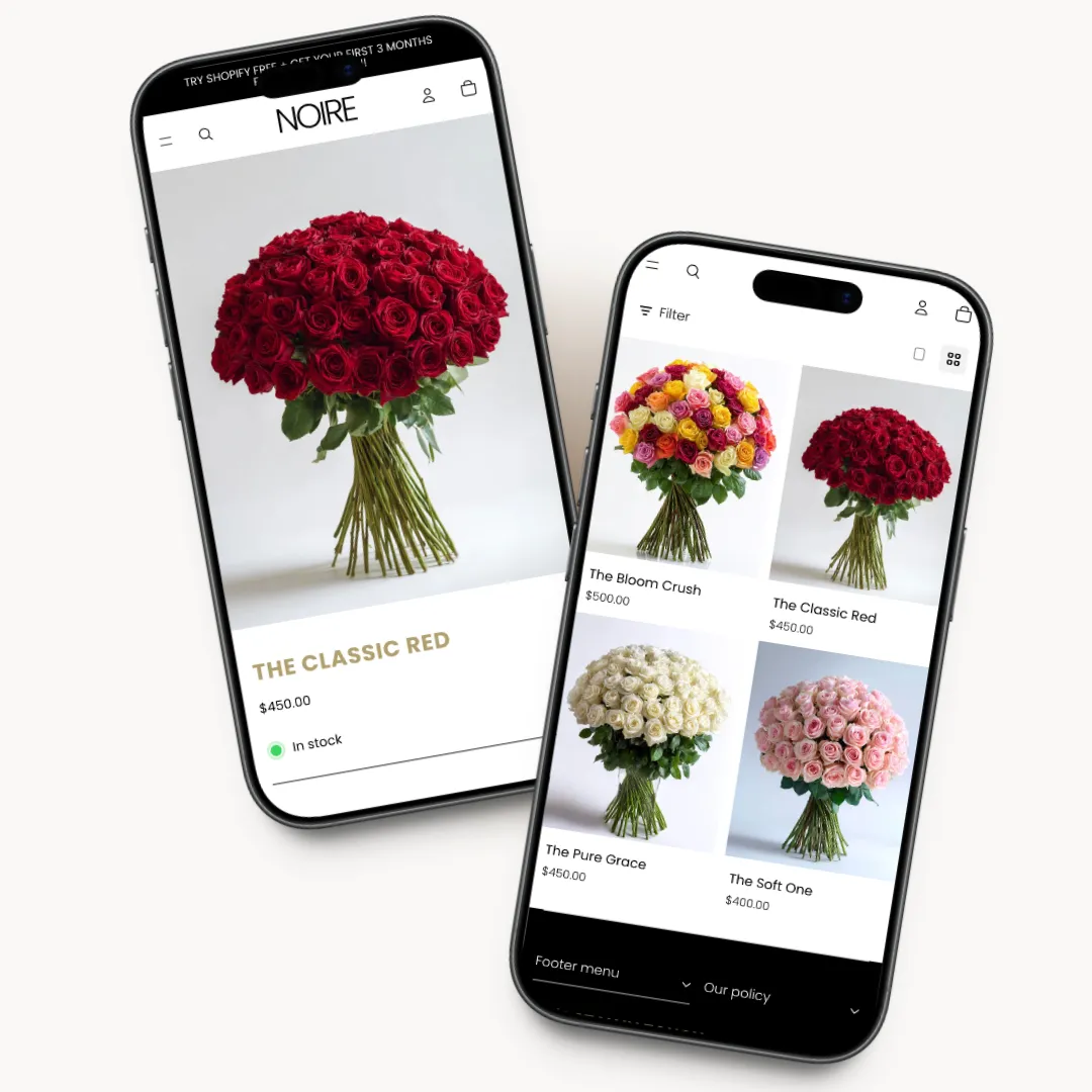 Noire mobile product listing preview for a flower shop