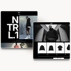 NTRL tablet about page design for a dark fashion brand