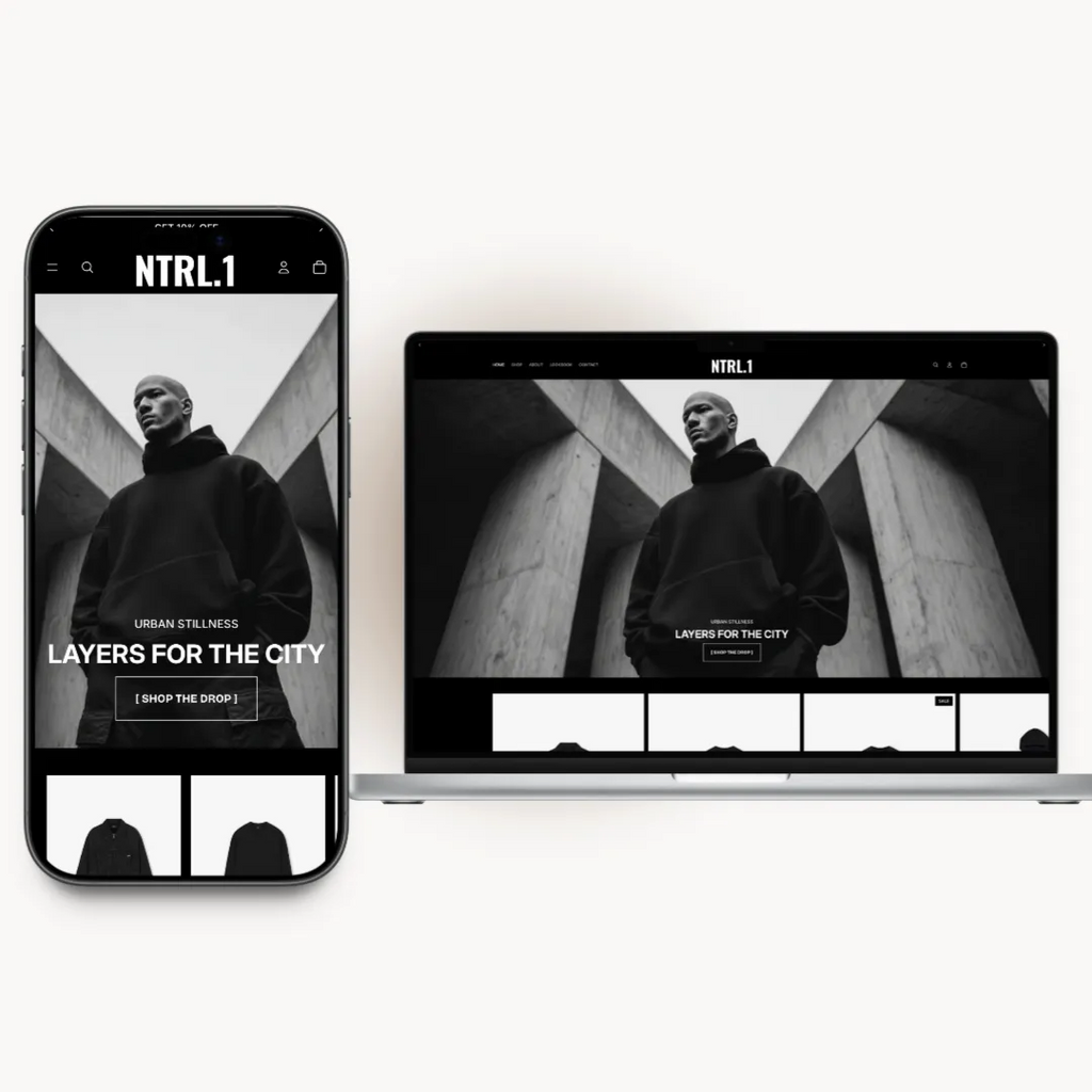 NTRL homepage preview for a dark clothing brand
