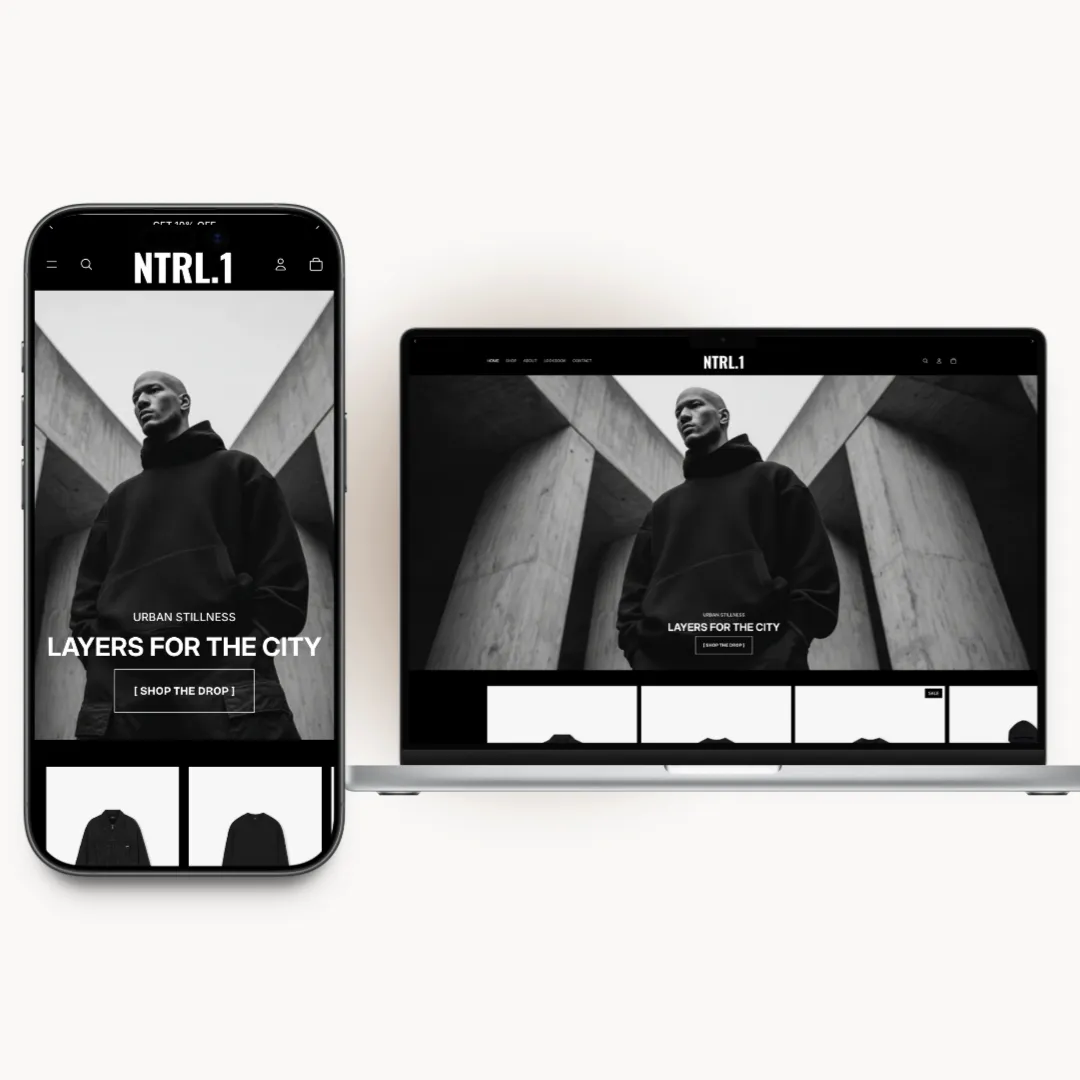 NTRL homepage preview for a dark clothing brand