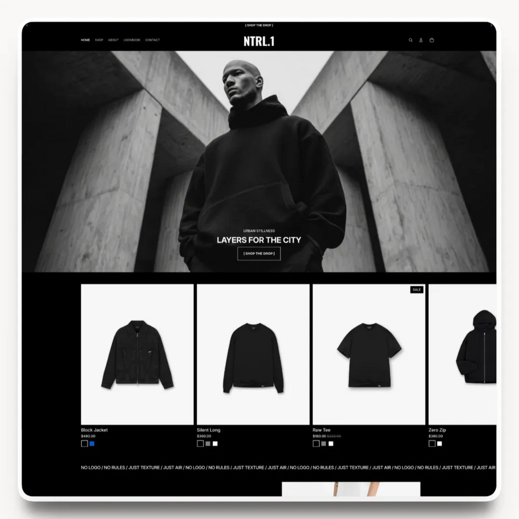 NTRL desktop homepage hero design for a dark fashion brand