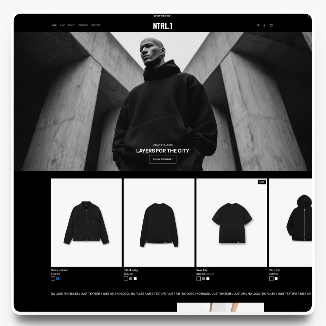 NTRL desktop homepage hero design for a dark fashion brand