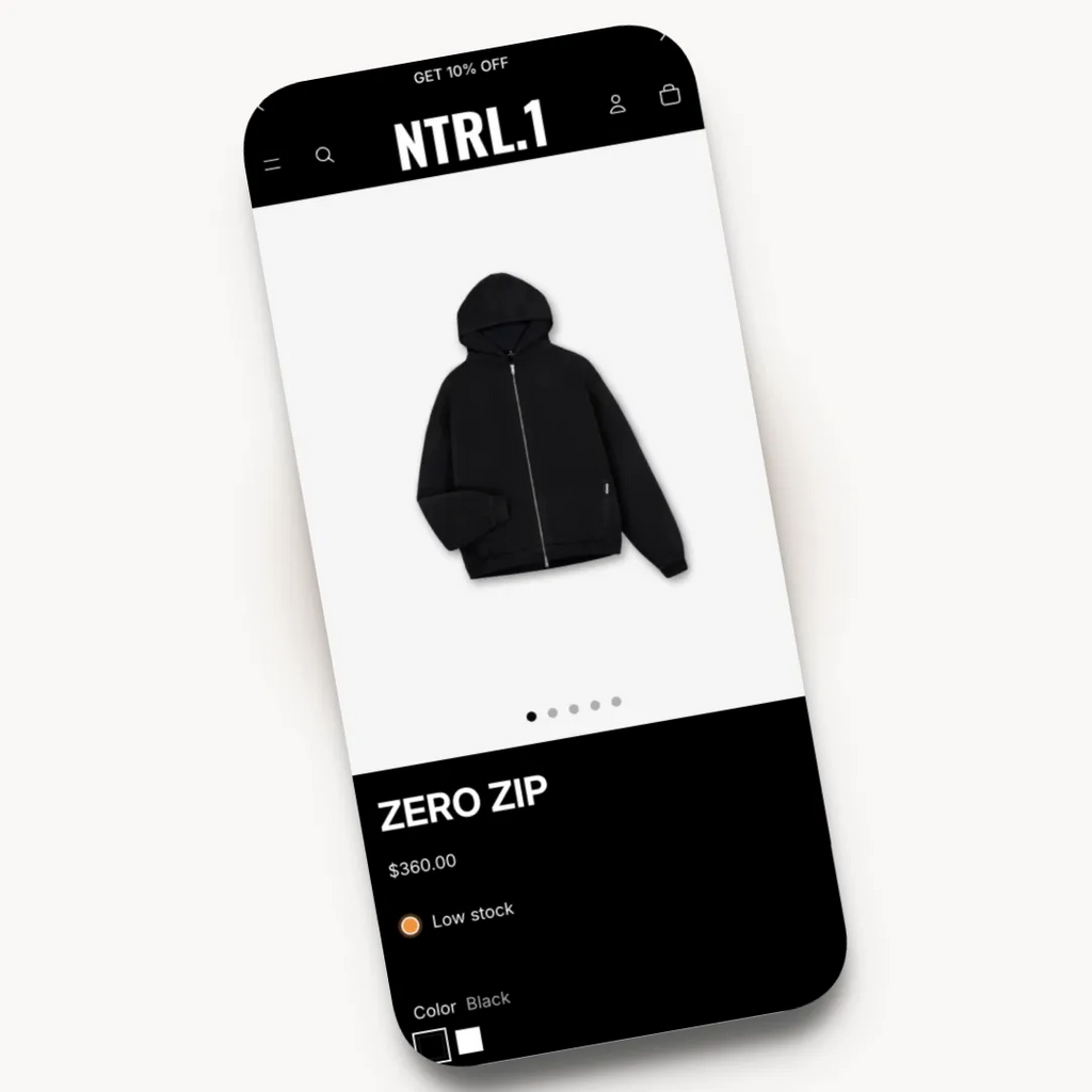 NTRL mobile product page design for a dark fashion brand
