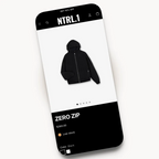 NTRL mobile product page design for a dark fashion brand
