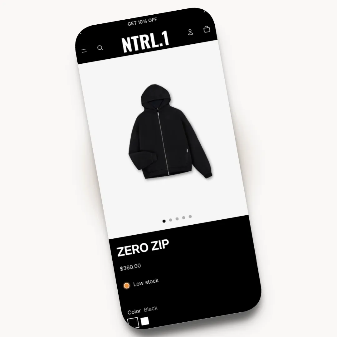 NTRL mobile product page design for a dark fashion brand