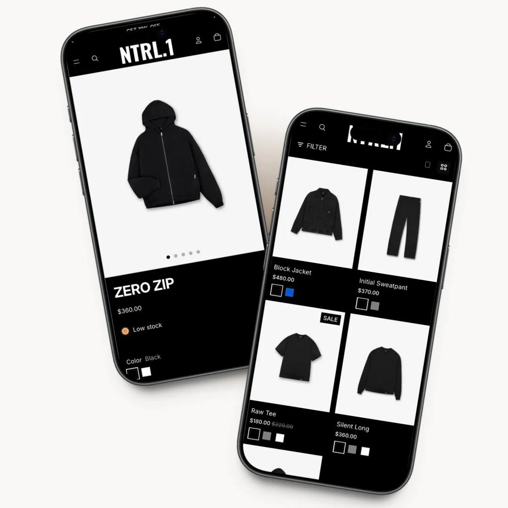 NTRL mobile product listing preview for dark fashion brands