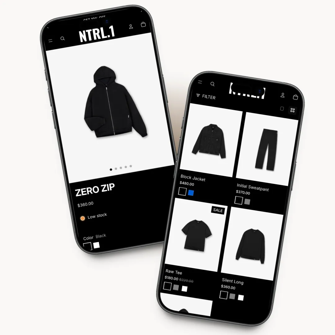 NTRL mobile product listing preview for dark fashion brands