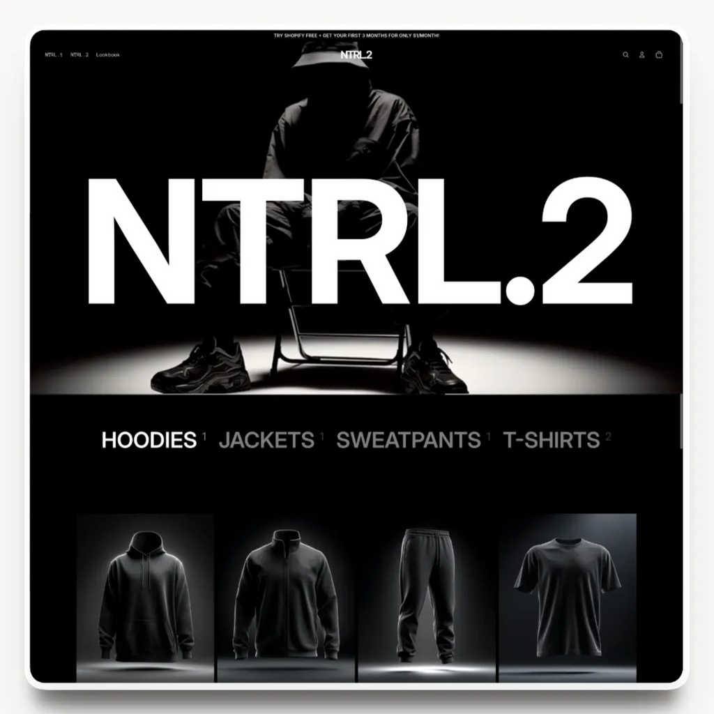 NTRL.2 desktop homepage hero design for a dark fashion brand