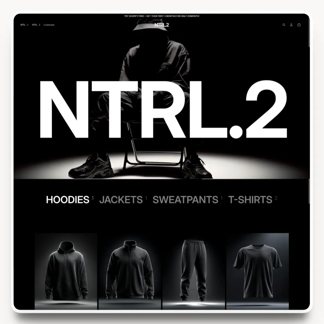 NTRL.2 desktop homepage hero design for a dark fashion brand