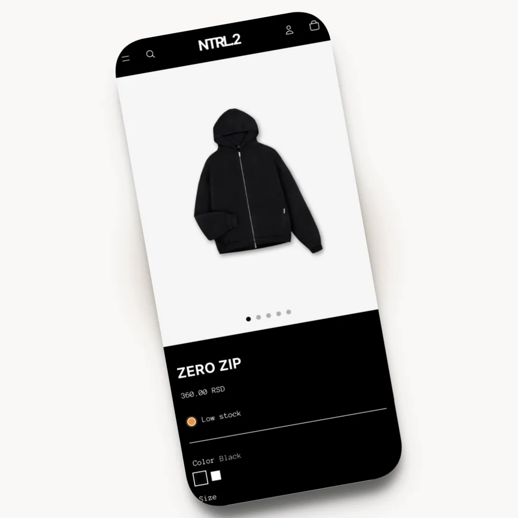 NTRL.2 mobile product page design for a streetwear brand