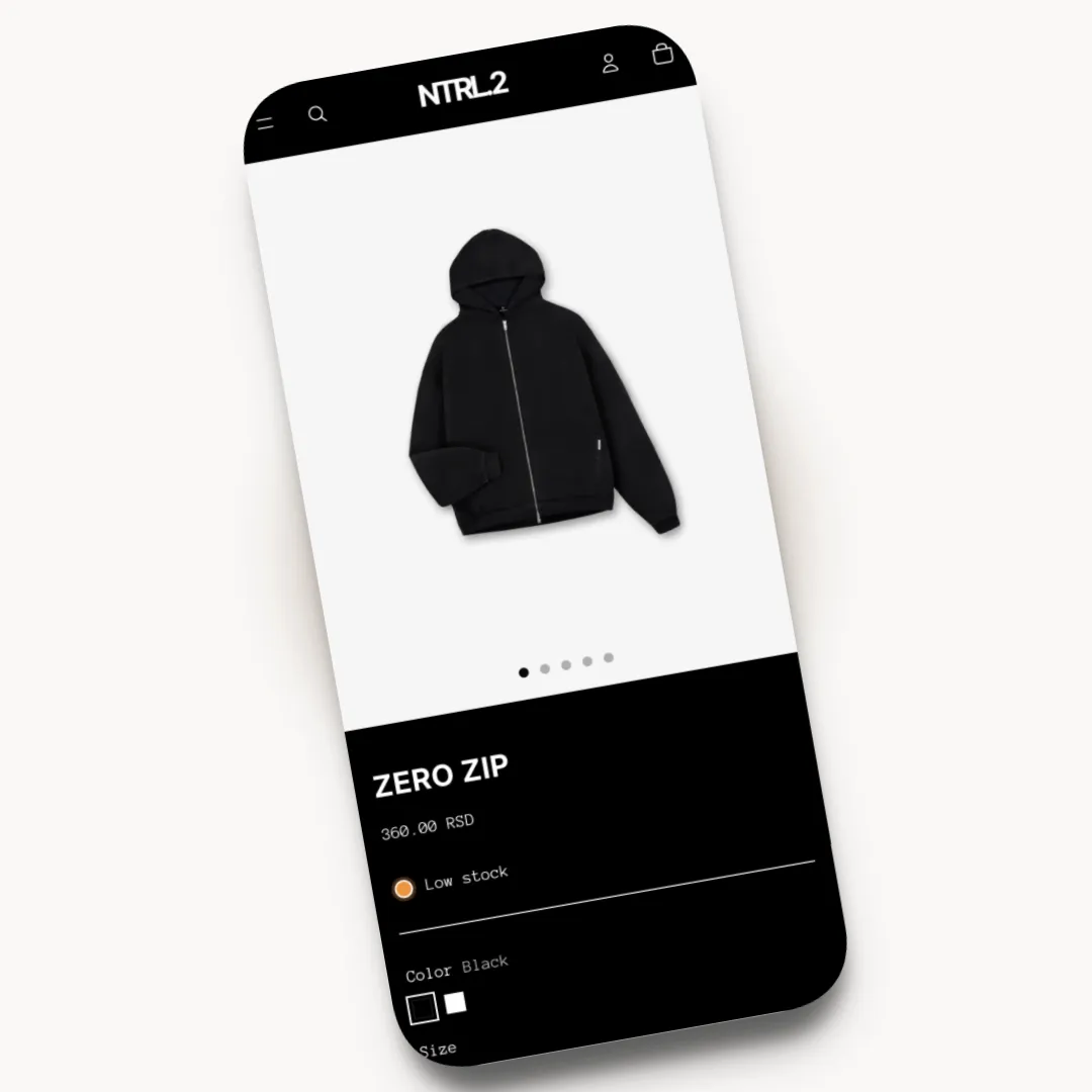NTRL.2 mobile product page design for a streetwear brand