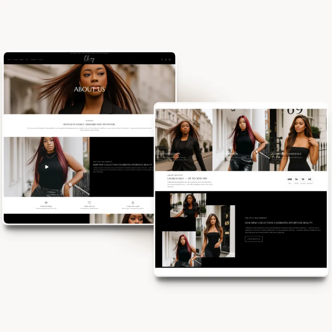 Oh My tablet about page design for a luxury fashion brand