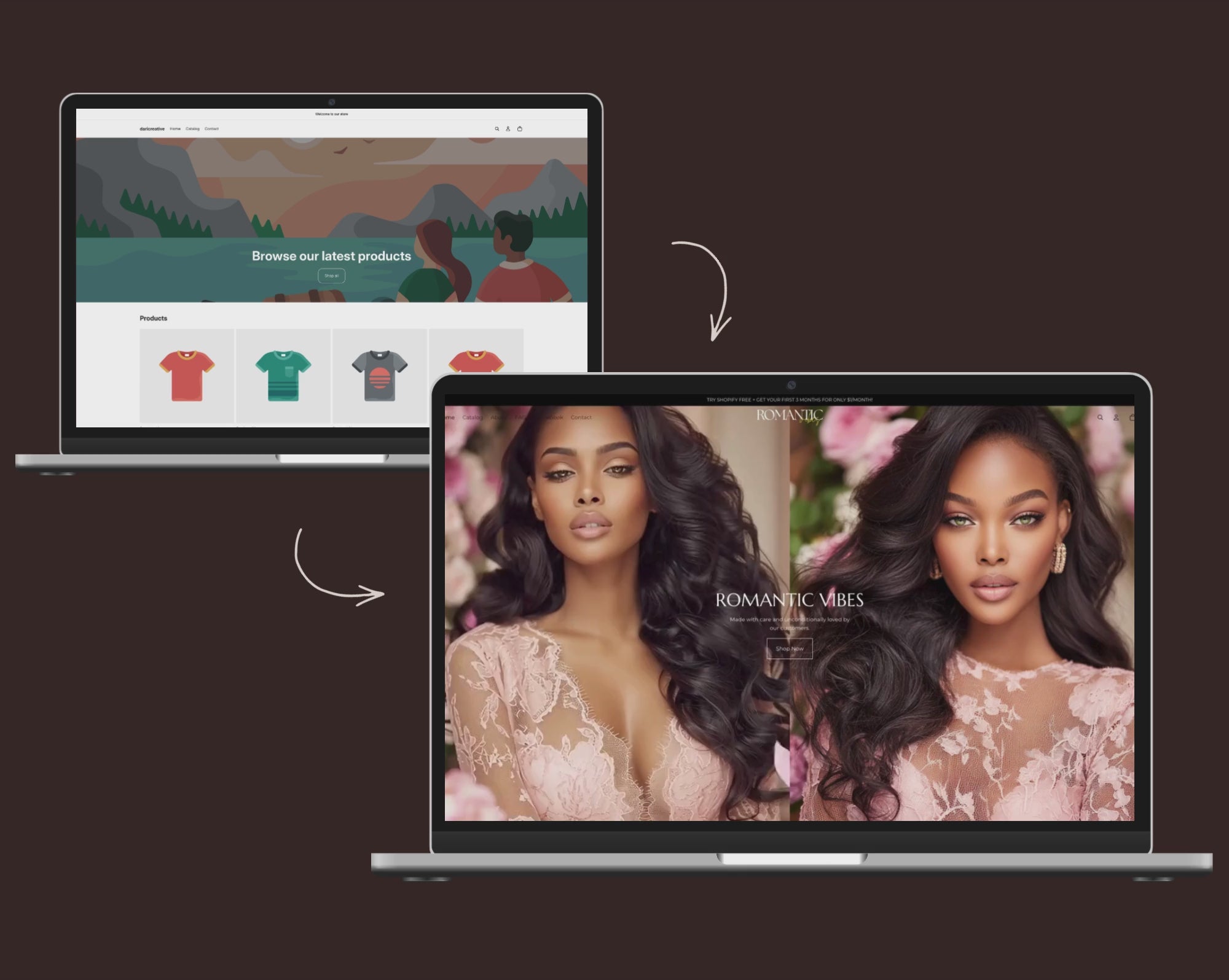 Before and after video preview of the Romantic Vibes Shopify theme