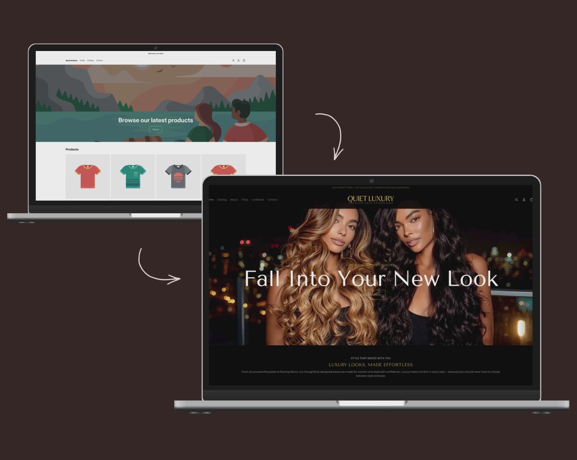 Before and after video preview of the Quiet Luxury theme