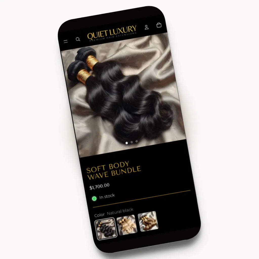 Quiet Luxury mobile product listing demo preview for wig and hair extension brands
