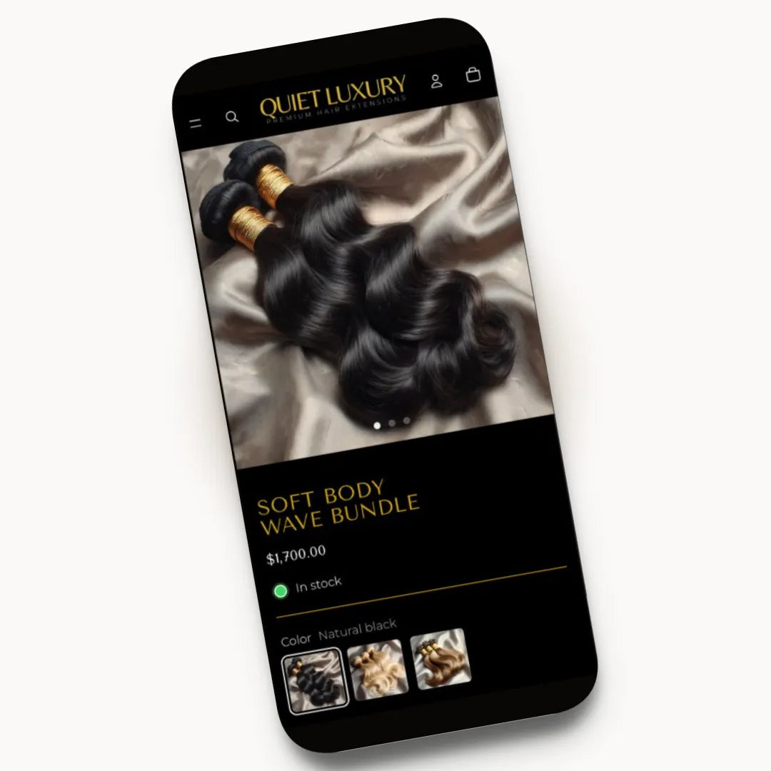 Quiet Luxury mobile product listing demo preview for wig and hair extension brands