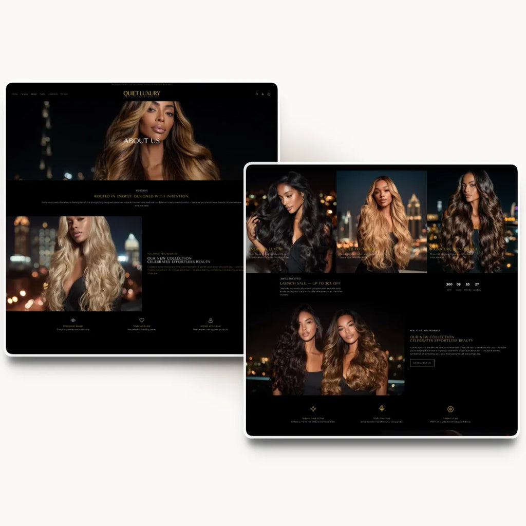 Quiet Luxury tablet about page design for a hair extension brand