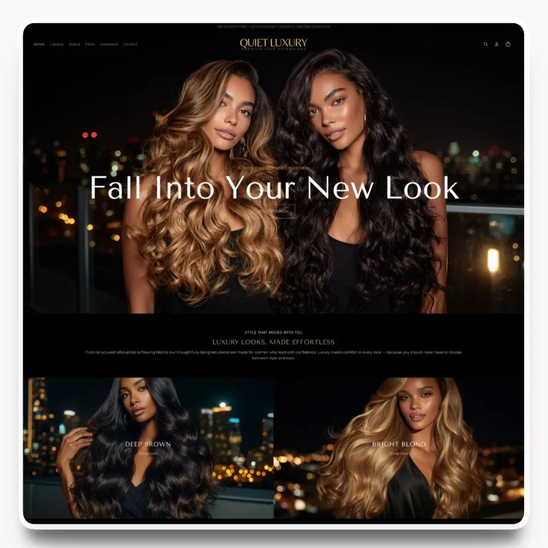 Quiet Luxury desktop homepage hero design for wig and hair extension brands
