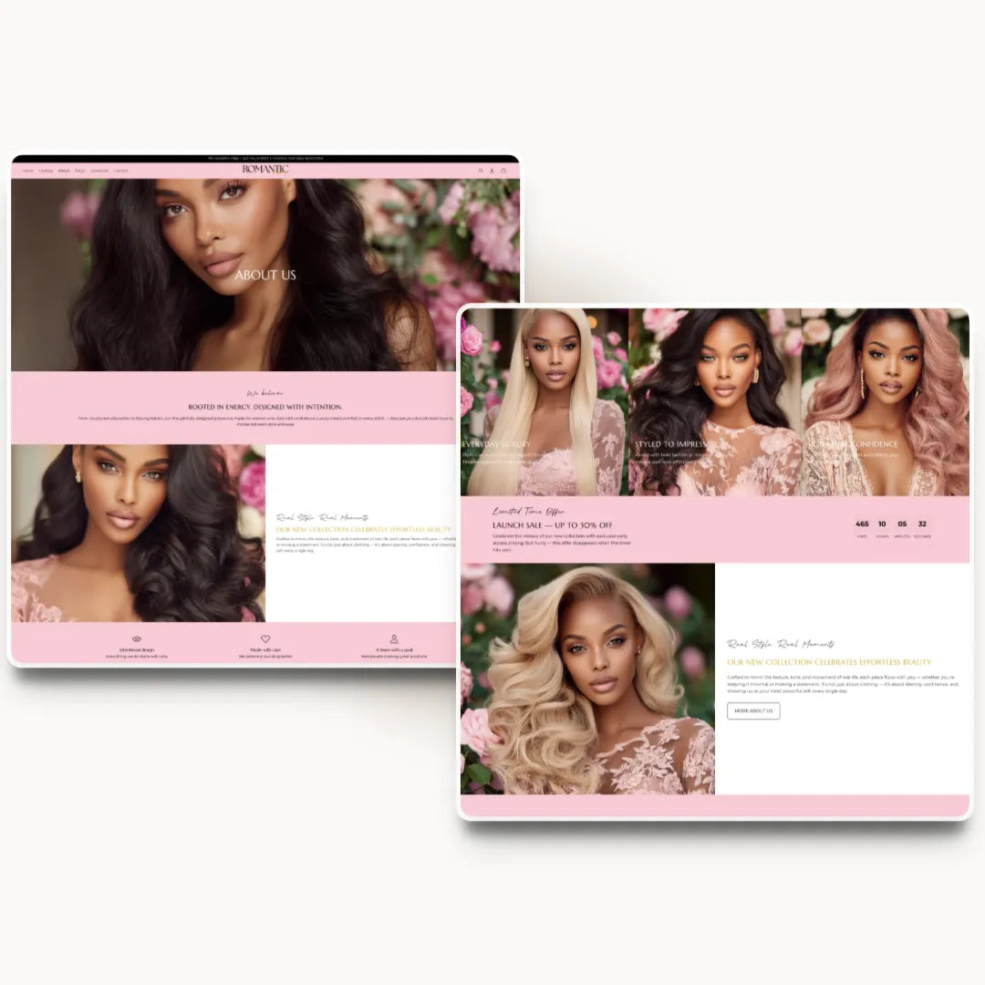 Romantic Vibes tablet about page design for hair and wig brands
