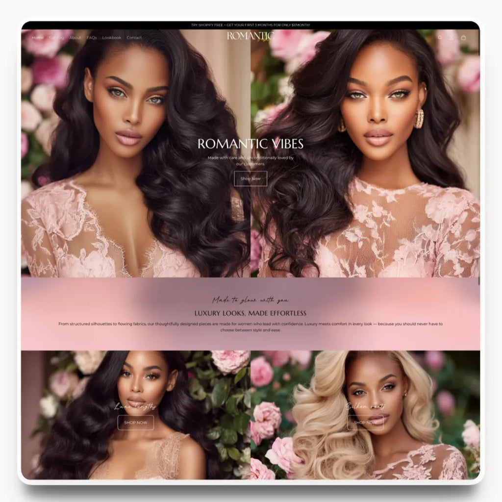 Romantic Vibes desktop homepage hero design for hair and wig brands