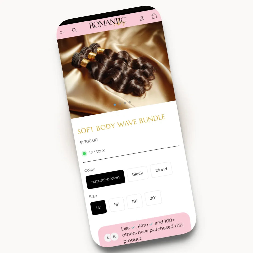 Romantic Vibes mobile product page design for hair and wig brands