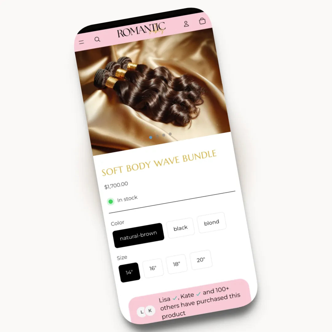 Romantic Vibes mobile product page design for hair and wig brands