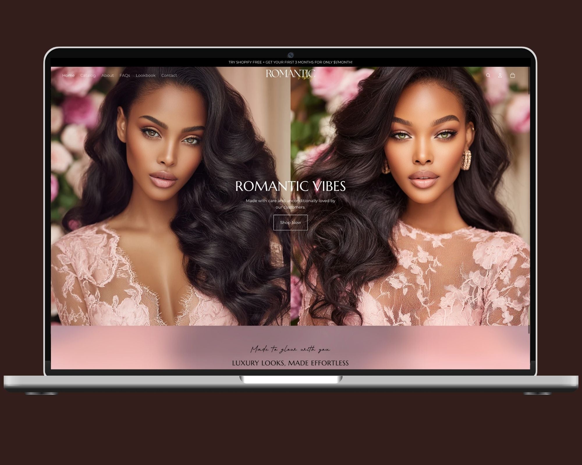 Romantic Vibes Shopify theme preview for hair and wig brands